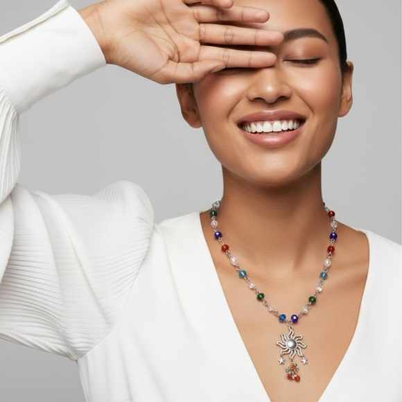 Silver Sun and Stars Charm Multicolor Beaded Necklace with Silver Pendant 18” - Picture 4 of 7